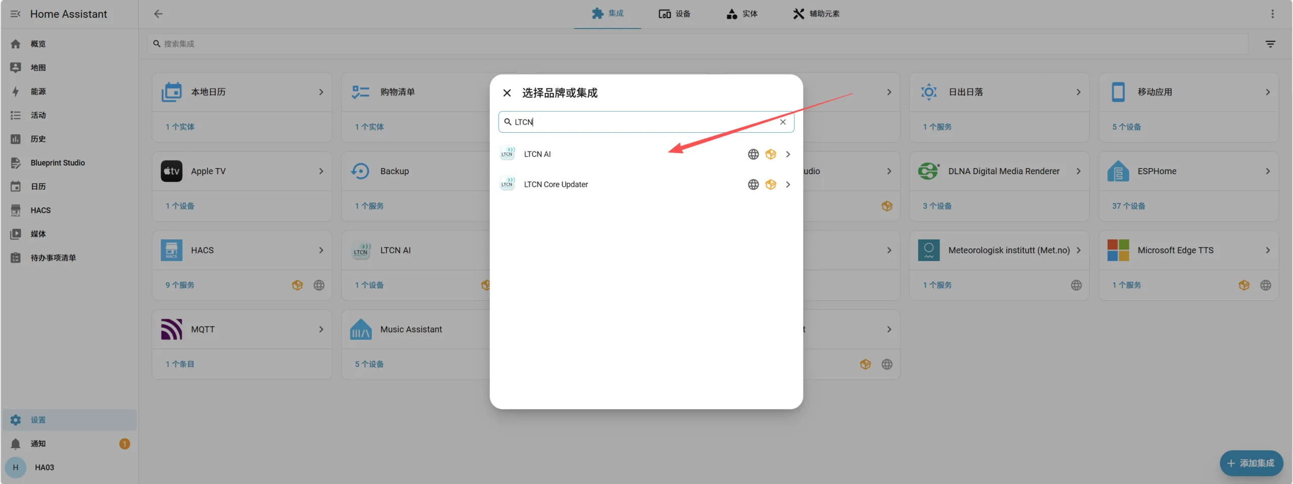 HA 添加集成弹窗中搜索 LTCN