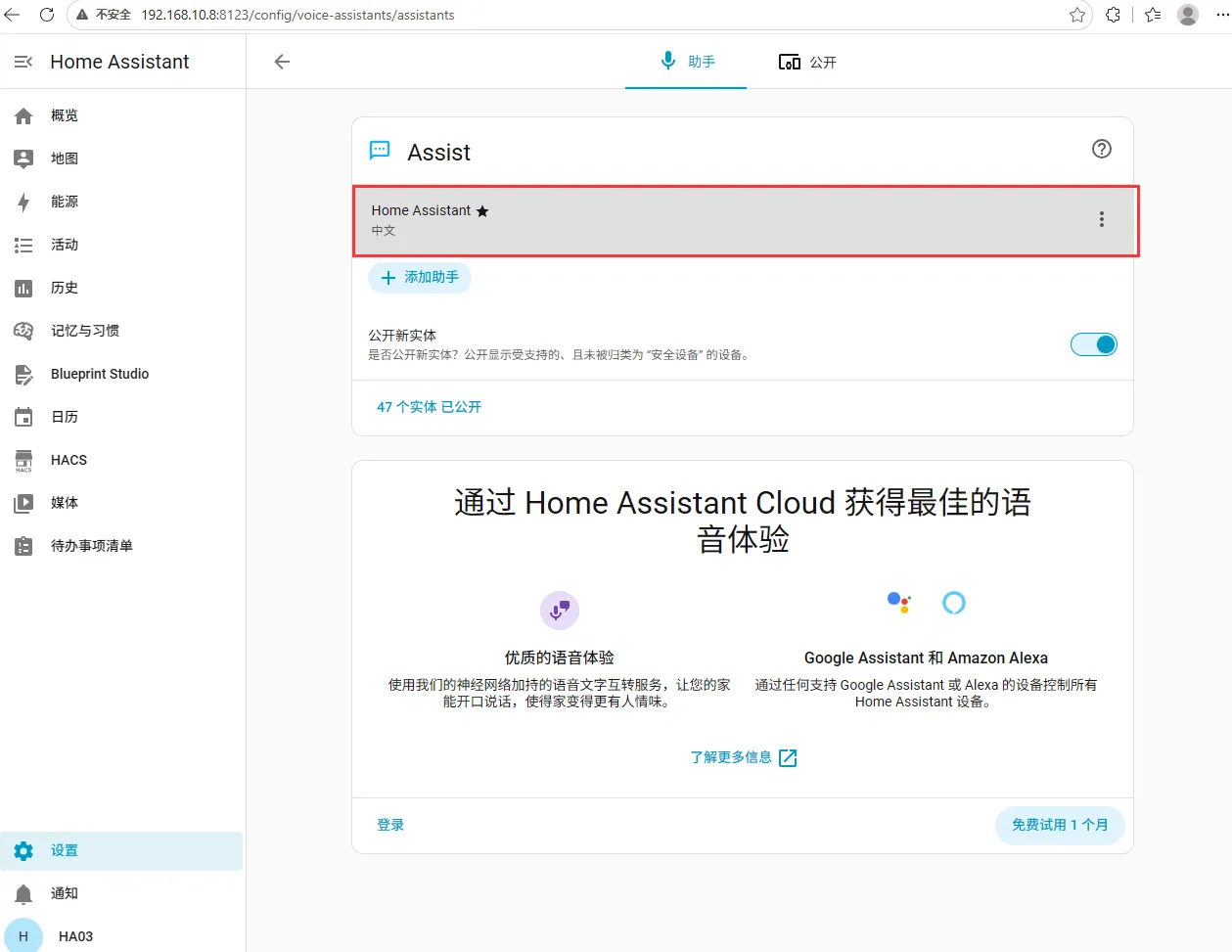 「设置 → 语音助手 → 助手」页,红框标出 Assist 下的 Home Assistant 助手