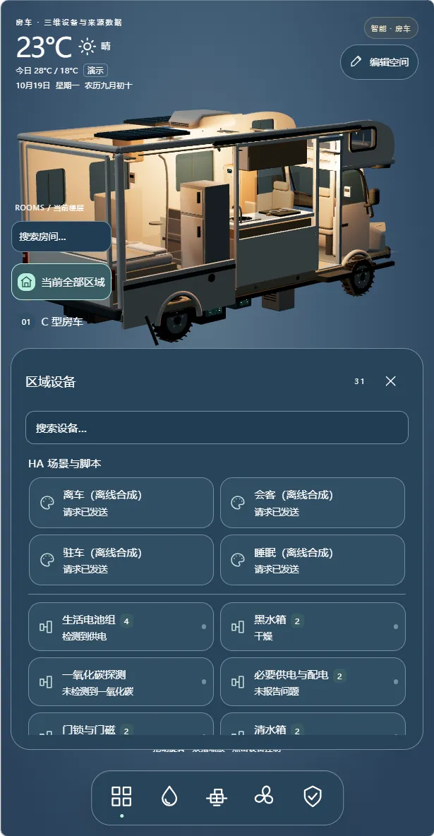 手机端区域设备面板,展示场景按钮和设备实体列表