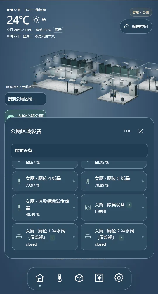 手机端区域设备列表显示厕位纸量、垃圾桶状态、除臭设备与冲水阀监测状态
